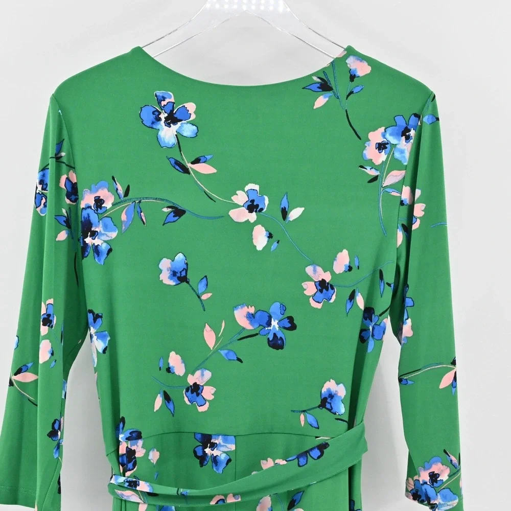 ELIZA J Dress Size 14 Green Floral V‎ Neck Long Sleeve Tie Belt Faux Wrap Midi - Picture 11 of 12